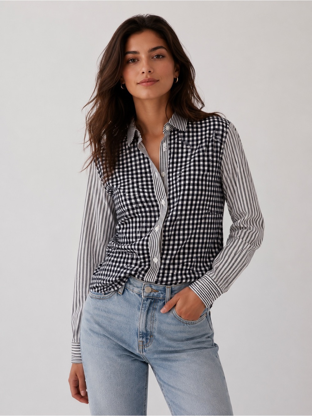 Abercrombie & Fitch Mixed Print Gingham Stripe Button Down Shirt S
